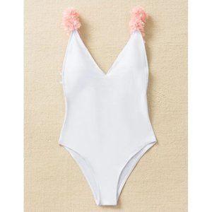 SHEIN White Bridal One Piece Swimsuit with Pink Flowers